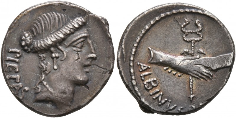 Albinus Bruti f, 48 BC. Denarius (Silver, 18 mm, 3.91 g, 3 h), Rome. PIETAS Head...
