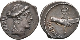 Albinus Bruti f, 48 BC. Denarius (Silver, 18 mm, 3.91 g, 3 h), Rome. PIETAS Head of Pietas to right. Rev. ALBINVS•B[RVTI•F] Two right hands clasped ar...