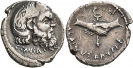 C. Pansa and Albinus Bruti f, 48 BC. Denarius (Silver, 19 mm, 3.84 g, 11 h). C•PANSA Mask of bearded Pan to right. Rev. ALBINVS•BRVTI•F Two clasped ri...
