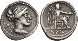 M. Porcius Cato, 47-46 BC. Denarius (Silver, 19 mm, 3.95 g, 10 h), Utica. M•CATO•PRO•PR Draped bust of Roma to right; behind, RO MA. Rev. VIC TIX Vict...