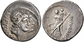 Mn. Cordius Rufus, 46 BC. Denarius (Silver, 18 mm, 3.95 g, 10 h), Rome. RVFVS•III VIR Jugate heads of the Dioscuri to right, wearing laureate pilei su...