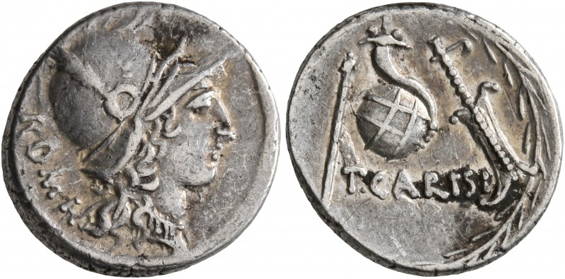 T. Carisius, 46 BC. Denarius (Silver, 17 mm, 3.69 g, 7 h), Rome. ROMA Head of Ro...