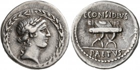 C. Considius Paetus, 46 BC. Denarius (Silver, 19 mm, 4.00 g, 9 h), Rome. Laureate head of Apollo to right within laurel wreath border. Rev. C•CONSIDIV...