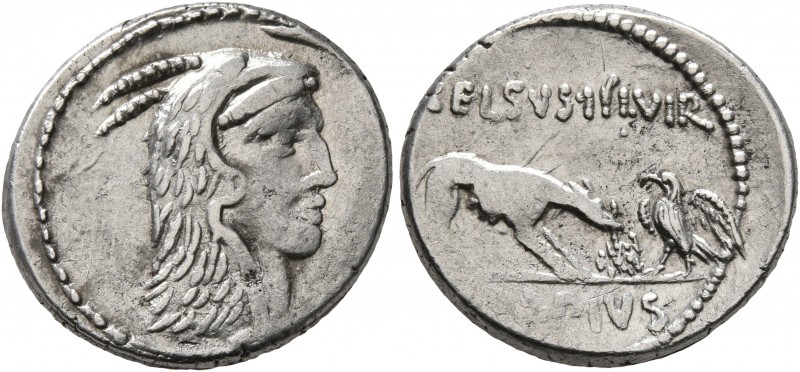 L. Papius Celsus, 45 BC. Denarius (Silver, 18 mm, 4.00 g, 1 h), Rome. Head of Ju...