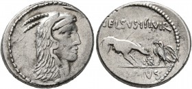 L. Papius Celsus, 45 BC. Denarius (Silver, 18 mm, 4.00 g, 1 h), Rome. Head of Juno Sospita to right, wearing goat-skin headdress. Rev. CELSVS•III•VIR ...