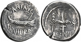 Mark Antony, 44-30 BC. Denarius (Silver, 19 mm, 3.64 g, 7 h), military mint moving with Mark Antony (Patrae?), 32-31 BC. ANT•AVG / III•VIR•R•P•C Galle...