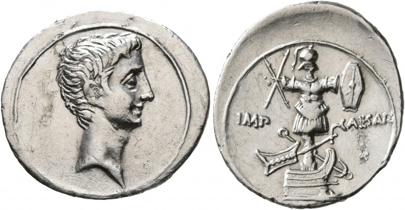 Octavian, 44-27 BC. Denarius (Silver, 21 mm, 3.63 g, 9 h), uncertain mint in Ita...