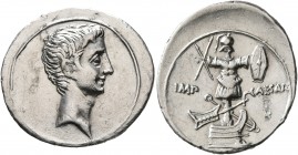 Octavian, 44-27 BC. Denarius (Silver, 21 mm, 3.63 g, 9 h), uncertain mint in Italy (Rome?), autumn 30-summer 29. Bare head of Octavian to right. Rev. ...