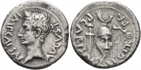 Augustus, 27 BC-AD 14. Denarius (Silver, 18 mm, 3.46 g, 9 h), P. Carisius, legatus pro praetore. Emerita, 25-23 BC. IMP CAESAR AVGVST Bare head of Aug...