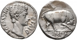 Augustus, 27 BC-AD 14. Denarius (Silver, 19 mm, 3.88 g, 7 h), Lugdunum, circa 15-13 BC. DIVI•F AVGVSTVS Bare head of Augustus to right. Rev. IMP•X Bul...