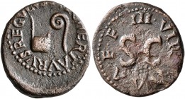 Augustus, 27 BC-AD 14. Quadrans (Copper, 18 mm, 2.79 g, 1 h), Pulcher, Taurus, Regulus, moneyers. Rome, 8 BC. PVLCHER TAVRVS REGVLVS Simpulum and litu...