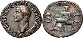 Gaius (Caligula), 37-41. As (Copper, 29 mm, 10.44 g, 7 h), Rome, 37-38. CAESAR•AVG•GERMANICVS•PON•M•TR POT Bare head of Gaius to left. Rev. VESTA / S ...