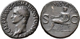 Gaius (Caligula), 37-41. As (Copper, 28 mm, 11.00 g, 7 h), Rome, 37-38. CAESAR AVG GERMANICVS PON M TR POT Bare head of Gaius to left. Rev. VESTA / S ...