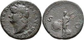 Nero, AD 54-68. As (Copper, 27 mm, 11.81 g, 6 h), Rome, 66-68. IMP NERO CAESAR AVG GERM Laureate head of Nero to left. Rev. S - C Victory flying left,...