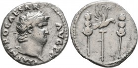 Nero, 54-68. Denarius (Silver, 19 mm, 3.06 g, 5 h), Rome, circa 67-68. IMP NERO CAESAR AVG P P Laureate head of Nero to right. Rev. Aquila between two...