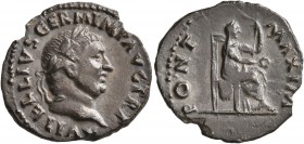 Vitellius, 69. Denarius (Silver, 19 mm, 2.44 g, 7 h), Rome. A VITELLIVS GERM IMP AVG TR P Laureate head of Vitellius to right. Rev. PONT MAXIM Vesta s...