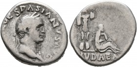 Vespasian, 69-79. Denarius (Silver, 17 mm, 3.14 g, 6 h), Rome, 69-70. [IMP CAESA]R VESPASIANVS AVG Laureate head of Vespasian to right. Rev. IVDAEA Ju...