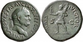 Vespasian, 69-79. Sestertius (Orichalcum, 32 mm, 25.53 g, 7 h), Rome, 71. IMP CAES VESPAS AVG P M TR P P COS III Laureate head of Vespasian to right. ...