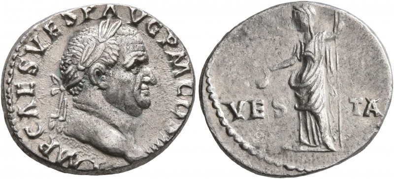 Vespasian, 69-79. Denarius (Silver, 18 mm, 3.31 g, 7 h), Rome, 72-73. IMP CAES V...