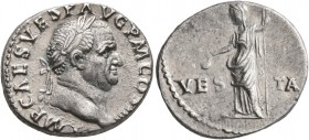 Vespasian, 69-79. Denarius (Silver, 18 mm, 3.31 g, 7 h), Rome, 72-73. IMP CAES VESP AVG P M COS IIII Laureate head of Vespasian to right. Rev. VES-TA ...