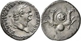 Divus Vespasian, died 79. Denarius (Silver, 17 mm, 3.15 g, 6 h), Rome, struck under Titus, 80-81. DIVVS AVGVSTVS VESPASIANVS Laureate head of Vespasia...