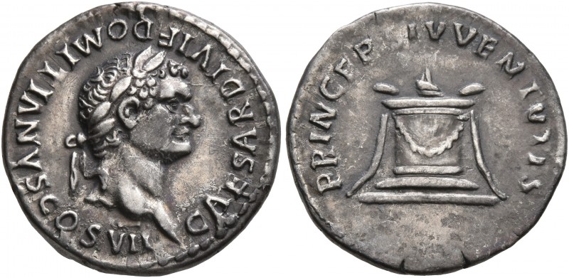 Domitian, as Caesar, 69-81. Denarius (Silver, 19 mm, 3.18 g, 7 h), Rome, struck ...