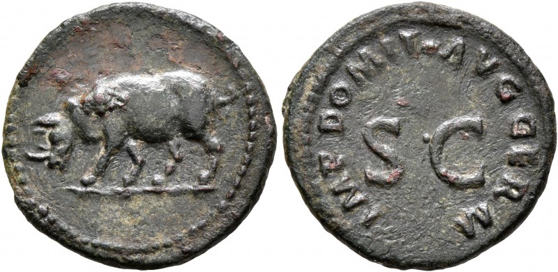 Domitian, 81-96. Quadrans (Copper, 18 mm, 2.54 g, 7 h), Rome, 84-85. Rhinoceros ...
