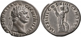 Domitian, 81-96. Denarius (Silver, 19 mm, 3.06 g, 6 h), Rome, 88. IMP CAES DOMIT AVG GERM P M TR P VII Laureate head of Domitian to right. Rev. IMP XI...