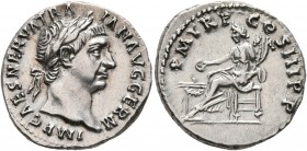 Trajan, 98-117. Denarius (Silver, 19 mm, 3.39 g, 6 h), Rome, 100. IMP CAES NERVA TRAIAN AVG GERM Laureate head of Trajan to right. Rev. P M TR P COS I...