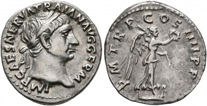 Trajan, 98-117. Denarius (Silver, 18 mm, 3.63 g, 7 h), Rome, 102. IMP CAES NERVA...