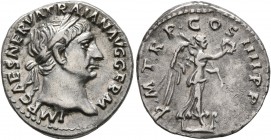 Trajan, 98-117. Denarius (Silver, 18 mm, 3.63 g, 7 h), Rome, 102. IMP CAES NERVA TRAIAN AVG GERM Laureate head of Trajan to right. Rev. P•M•TR•P•COS•I...