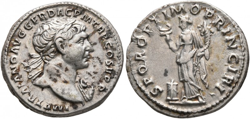 Trajan, 98-117. Denarius (Silver, 19 mm, 3.46 g, 7 h), Rome, circa 106-107. IMP ...