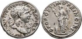 Trajan, 98-117. Denarius (Silver, 19 mm, 3.46 g, 7 h), Rome, circa 106-107. IMP TRAIANO AVG GER DAC P M TR P COS V P P Laureate head of Trajan to righ...