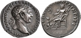 Trajan, 98-117. Denarius (Silver, 18 mm, 3.31 g, 7 h), Rome, 106-107. IMP TRAIANO AVG GER DAC P M TR P COS V P P Laureate head of Trajan to right, wit...