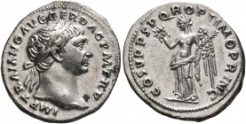 Trajan, 98-117. Denarius (Silver, 20 mm, 3.25 g, 7 h), Rome, circa 107-108. IMP TRAIANO AVG GER DAC P M TR P Laureate head of Trajan to right. Rev. CO...