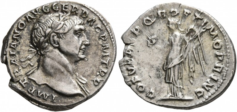 Trajan, 98-117. Denarius (Silver, 20 mm, 3.49 g, 7 h), Rome, circa 107-108. IMP ...