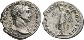 Trajan, 98-117. Denarius (Silver, 20 mm, 3.49 g, 7 h), Rome, circa 107-108. IMP TRAIANO AVG GER DAC P M TR P Laureate head of Trajan to right, with sl...