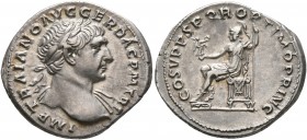 Trajan, 98-117. Denarius (Silver, 20 mm, 3.48 g, 7 h), Rome, circa 108-109. IMP TRAIANO AVG GER DAC P M TR P Laureate head of Trajan to right, with sl...