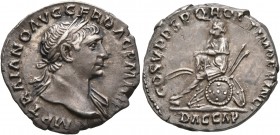 Trajan, 98-117. Denarius (Silver, 19 mm, 3.30 g, 7 h), Rome, circa 108-109. IMP TRAIANO AVG GER DAC P M TR P Laureate head of Trajan to right, with sl...