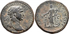 Trajan, 98-117. Sestertius (Orichalcum, 33 mm, 27.16 g, 7 h), Rome, circa 108-109/10. IMP CAES NERVAE TRAIANO AVG GER DAC P M TR P COS V P P Laureate ...