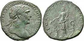 Trajan, 98-117. Sestertius (Orichalcum, 31 mm, 20.80 g, 6 h), Rome, 108-109/10. IMP CAES NERVAE TRAIANO AVG GER DAC P M TR P COS V P P Laureate head o...