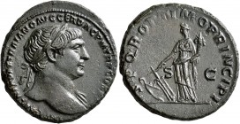 Trajan, 98-117. As (Copper, 28 mm, 11.61 g, 7 h), Rome, 108-109/10. IMP CAES NERVAE TRAIANO AVG GER DAC P M TR P COS V P P Laureate head of Trajan to ...