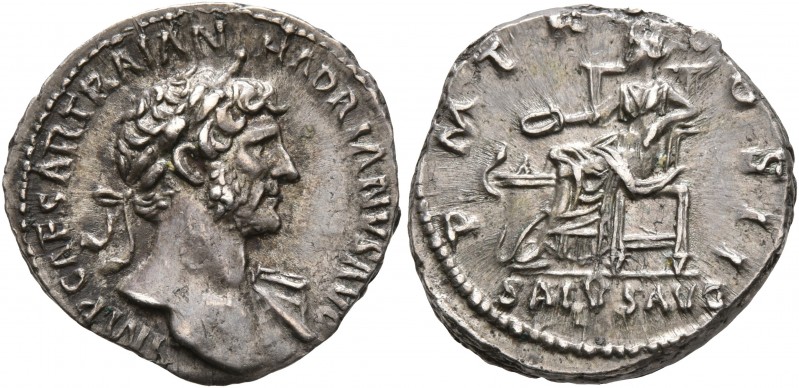 Hadrian, 117-138. Denarius (Silver, 18 mm, 3.49 g, 7 h), Rome, 118. IMP CAESAR T...