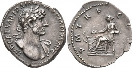 Hadrian, 117-138. Denarius (Silver, 18 mm, 3.25 g, 7 h), Rome, 119-circa mid 120. IMP CAESAR TRAIAN HADRIANVS AVG Laureate bust of Hadrian to right, w...