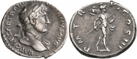 Hadrian, 117-138. Denarius (Silver, 18 mm, 3.60 g, 6 h), Rome, circa late 120-121. IMP CAESAR TRAIAN HADRIANVS AVG Laureate bust of Hadrian to slight,...
