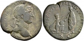 Hadrian, 117-138. Sestertius (Orichalcum, 33 mm, 22.70 g, 6 h), Rome, 121. IMP CAESAR TRAIANVS HADRIANVS AVG P M TR P COS III Laureate head of Hadrian...