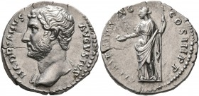 Hadrian, 117-138. Denarius (Silver, 19 mm, 2.95 g, 7 h), Rome, circa 129-130. HADRIANVS AVGVSTVS Bare head of Hadrian to left, with drapery on far sho...