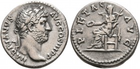 Hadrian, 117-138. Denarius (Silver, 18 mm, 3.30 g, 7 h), Rome, circa 130. HADRIANVS AVG COS III P P Laureate head of Hadrian to right. Rev. PIETAS AVG...