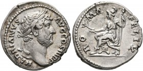 Hadrian, 117-138. Denarius (Silver, 18 mm, 3.32 g, 5 h), Rome, circa 130. HADRIANVS AVG COS III P P Laureate head of Hadrian to right. Rev. ROMA FELIX...
