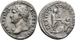 Hadrian, 117-138. Denarius (Silver, 18 mm, 3.13 g, 5 h), Rome, circa 130-133. HADRIANVS AVG COS III P P Laureate head of Hadrian, to left, with slight...